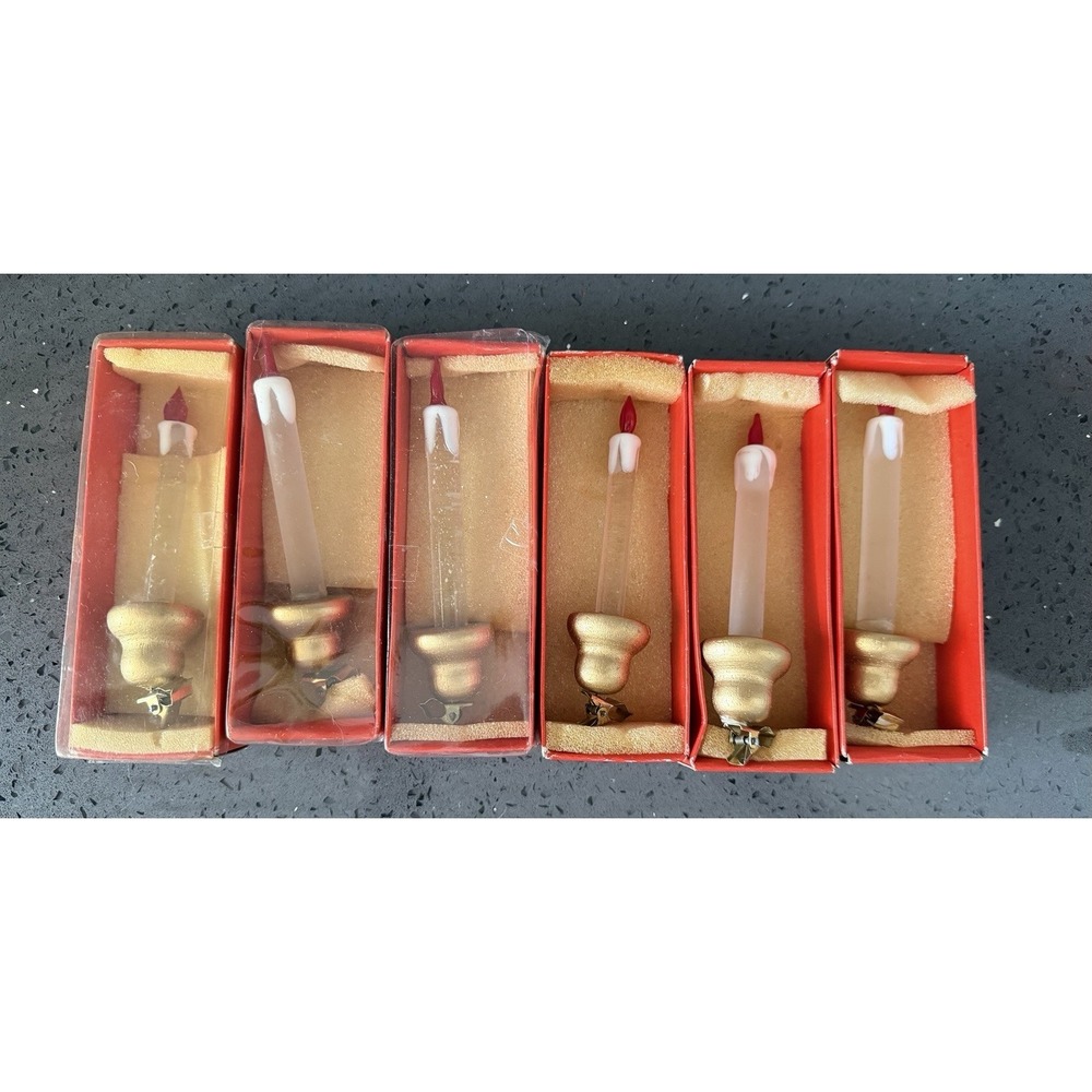 6‎ Vtg Clear & Frosted Taiwan Blown Art Glass Candles Brass Tone Clip Ornaments